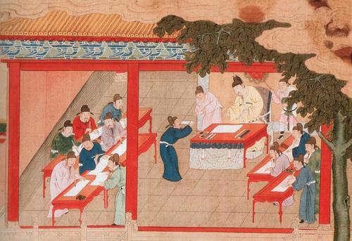 Es zeigt Prüflinge der Song-Dynastie während des Palast-Examens in Kaifeng, China. Das Bild wurde während der Ming-Dynastie gemalt. Bild: Wikipedia